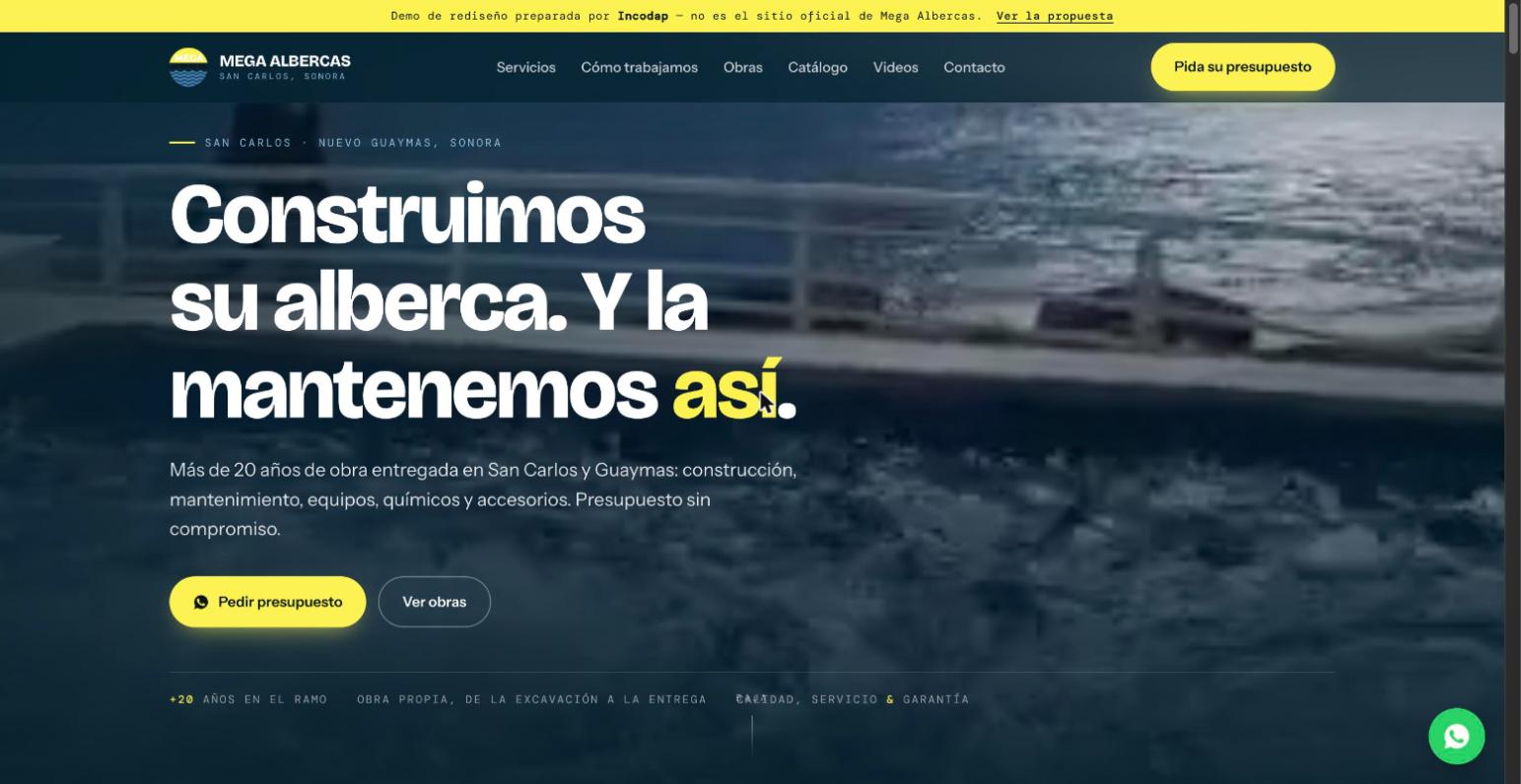 Captura del rediseño propuesto: video de una alberca terminada, titular y botón de WhatsApp